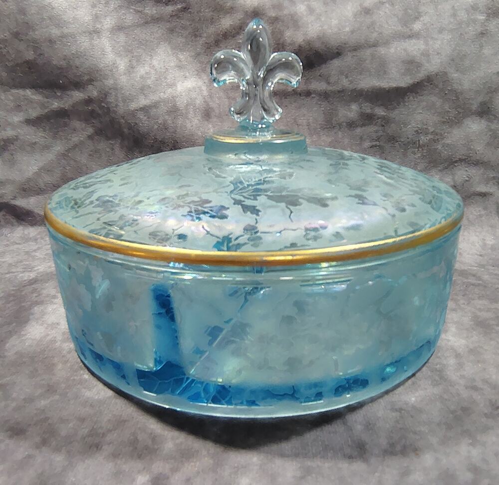 RARE ANTIQUE FOSTORIA OAKWOOD BLUE ACORN ETCHED IRIDESCENT DIVIDED BOWL W/ LID